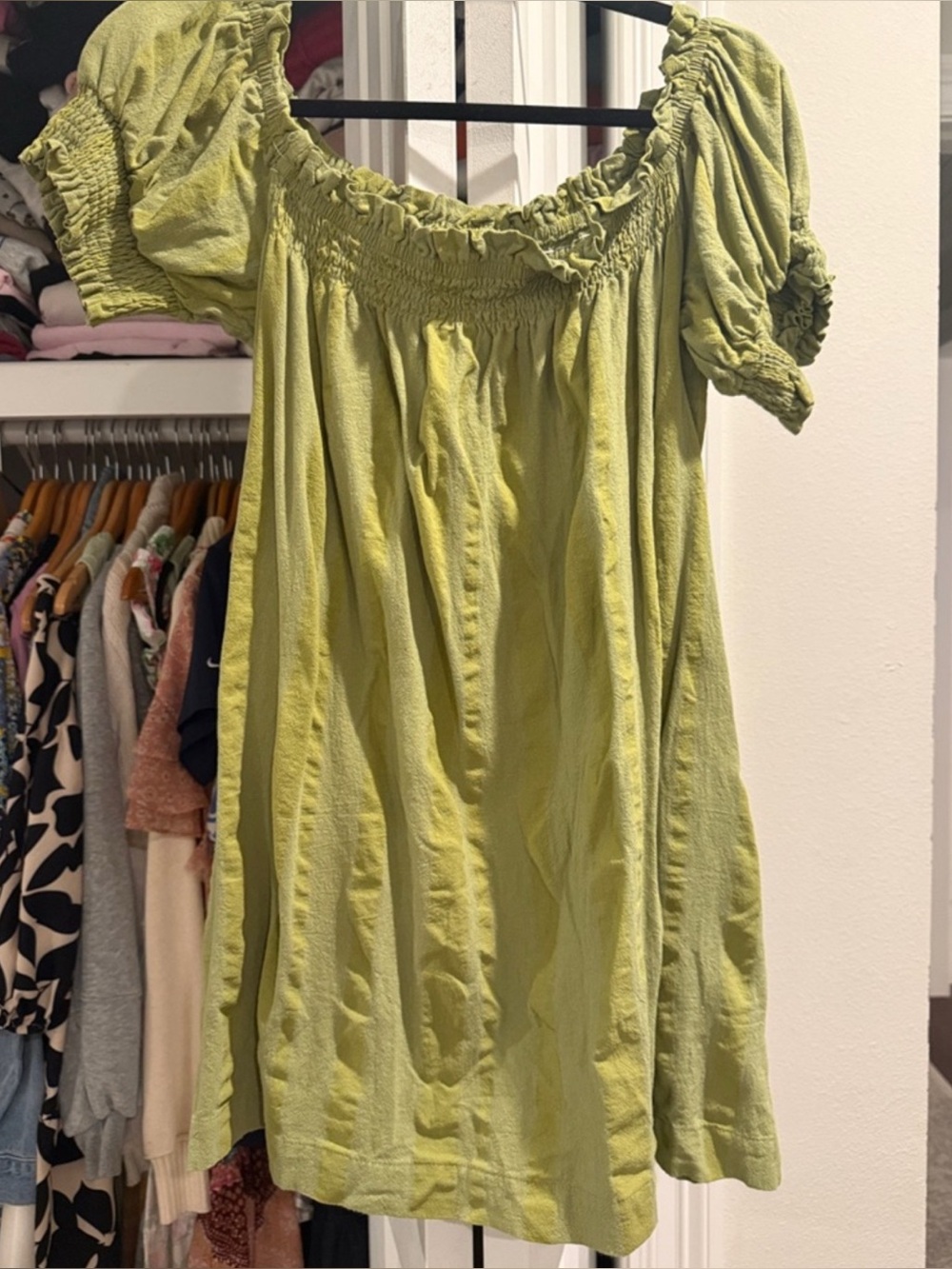 Bright Lime Green Smocked Square Neck Mini Dress SIZE SMALL WORE ONCE - Picture 2 of 3